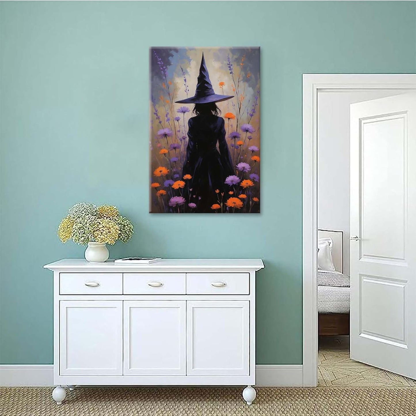 Country wildflower witch canvas print halloween mashup art witch purple decoration bohemian elegant art poster16x24in Wood Framed