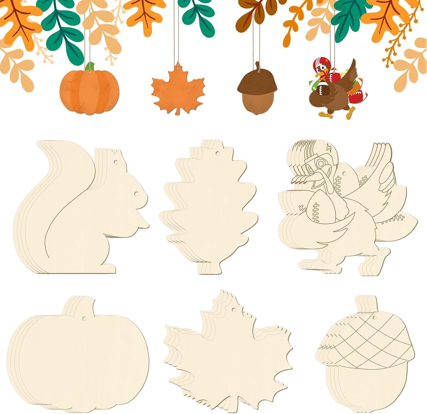24 PCS Unfinished Wooden Thanksgiving Crafts, Pumpkin Turkey Shaped Hanging Ornaments DIY Wood Craft Cutouts for Thanksgiving Party Decor (Thankgiving)