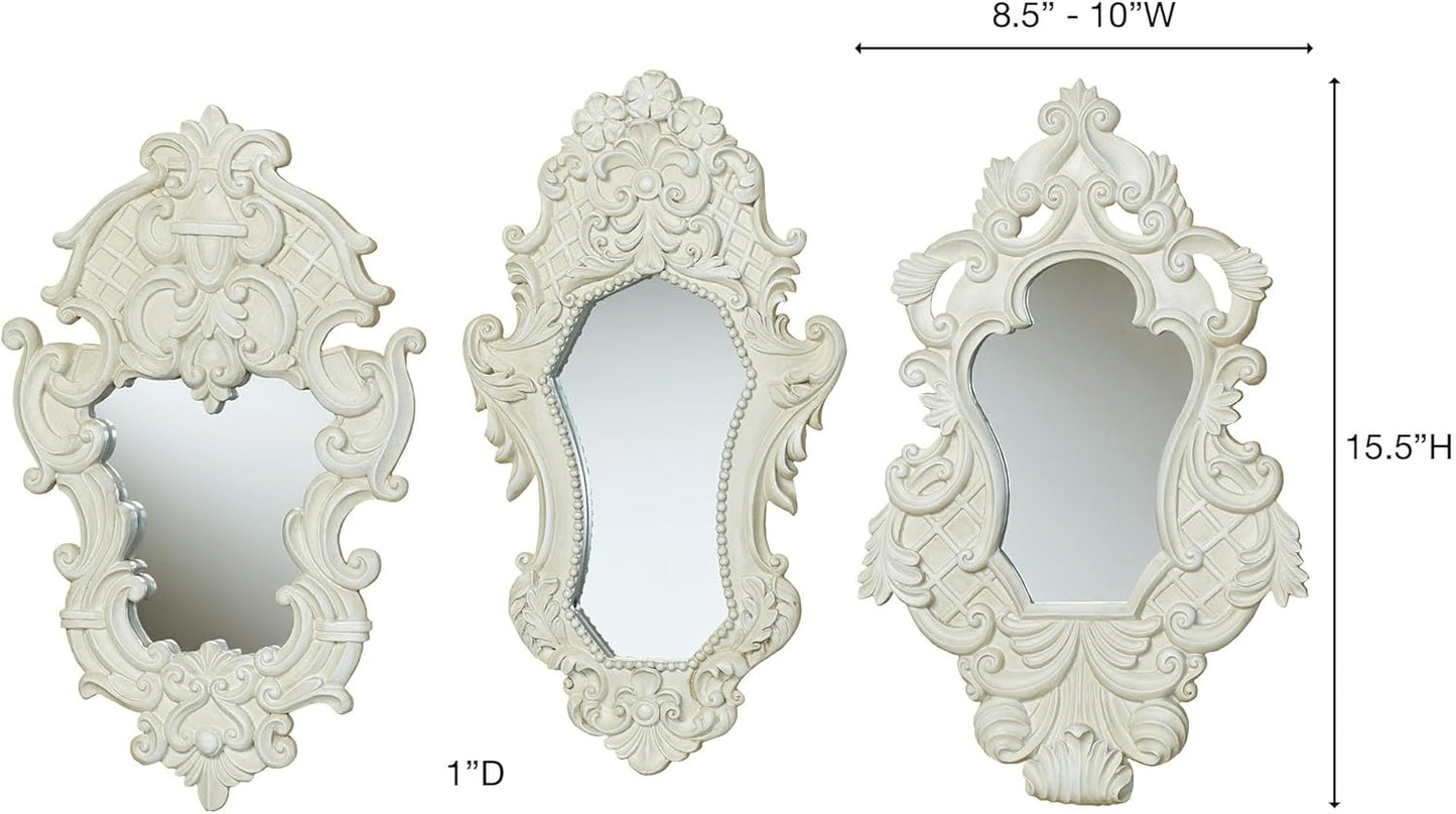 Lattice Scroll Antique White Traditional Classic Wall Mirrors | Set of Three | Vintage Accent Hanging Mirror for Bedroom, Living Room, Office, Hallway | Victorian Style Decor