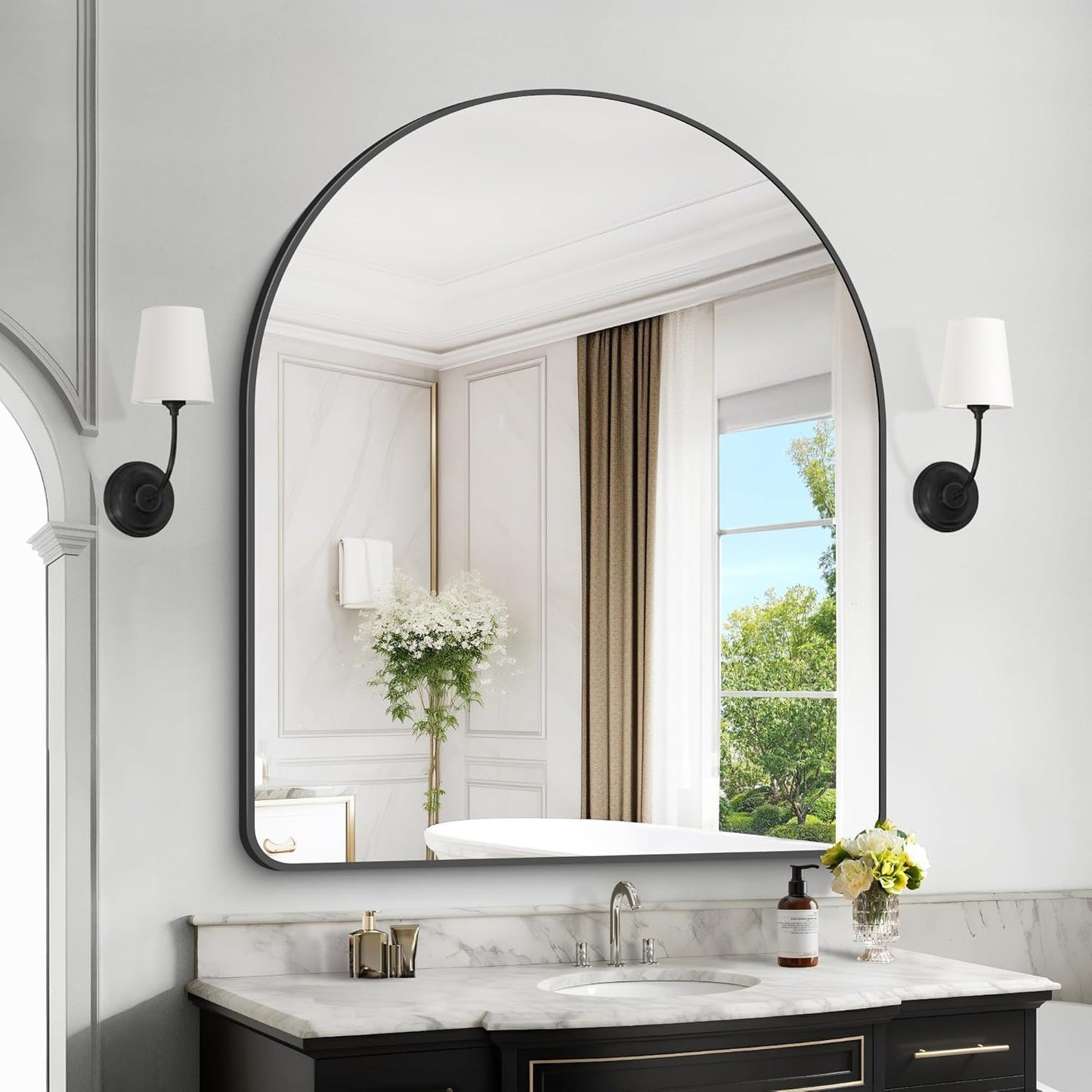 Arched Bathroom Mirror, 36"x48" Black Arched Mirror for Bathroom, Wall Mounted Mirror, Black Vanity Wall Mirror w/Metal Frame for Bedroom, Entryway, Living Room, Vertically Hanging
