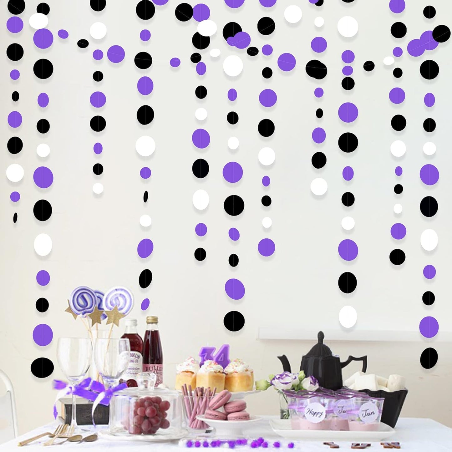 46Ft Purple Black Circle Dots Garlands Black Purple and White Polka Dot Hanging Paper Streamer Banners for Birthday Graduation Wedding Bridal Shower Baby Shower Halloween Party Decorations Supplies