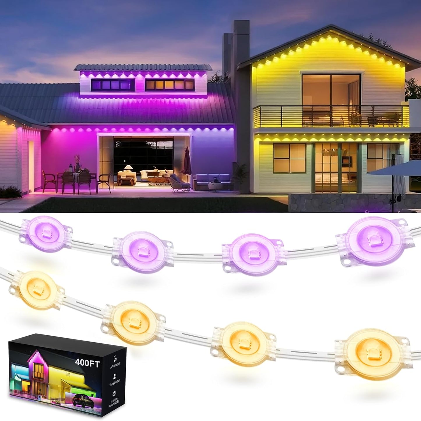 Fussion 400ft Permanent Outdoor Lights for House, 2025 Smart RGB LED Outside Lights with Remote Control, IP67 Waterproof Eternity Eaves Lighting for Christmas, Halloween, Holiday, Party, Daily