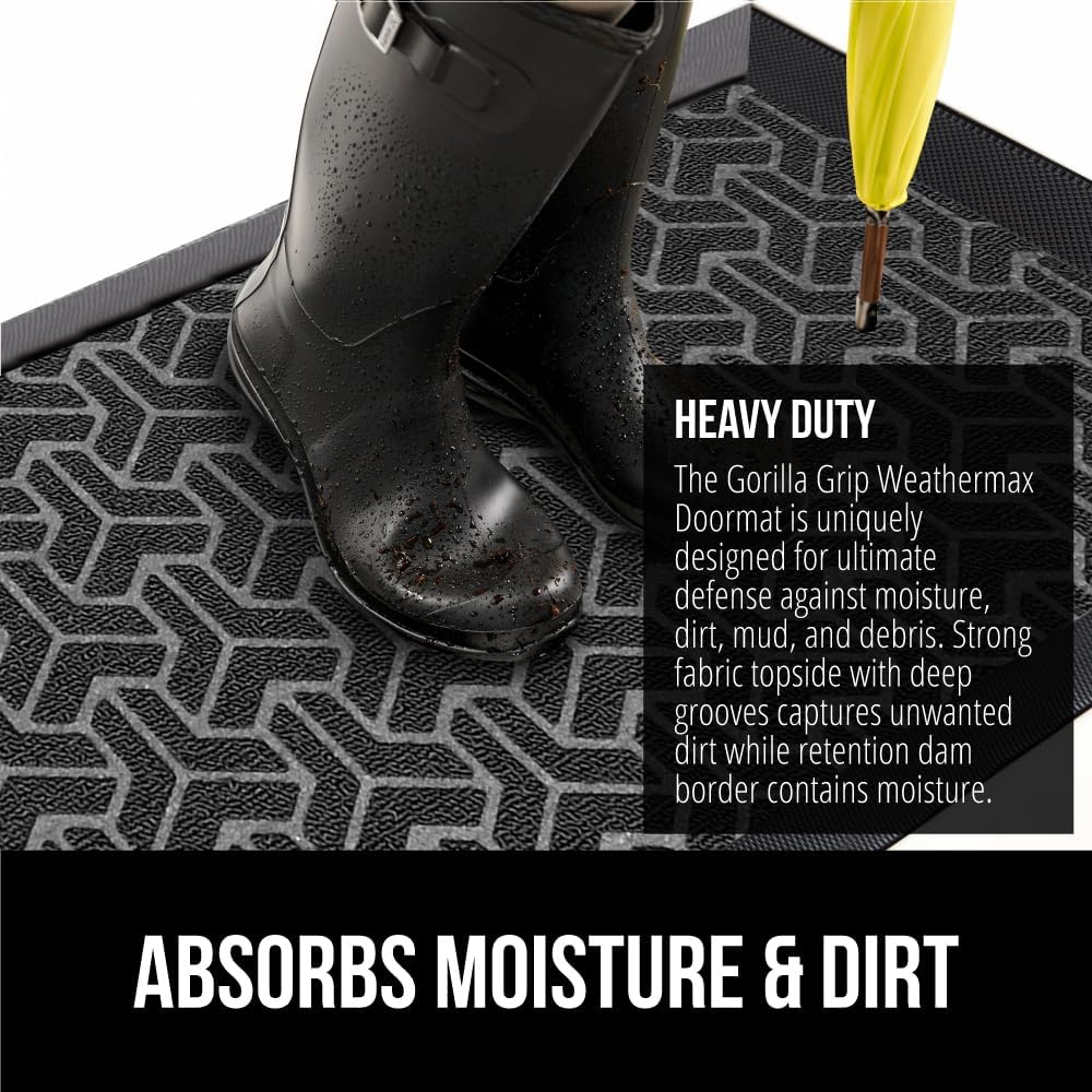 GORILLA GRIP 100% Waterproof All-Season WeatherMax Doormat, 47x35, US Designed Natural Rubber, Stain and Fade Resistant, Low Profile Indoor Outdoor Door Mats, Easy Clean Patio Mat, Slate Geometric