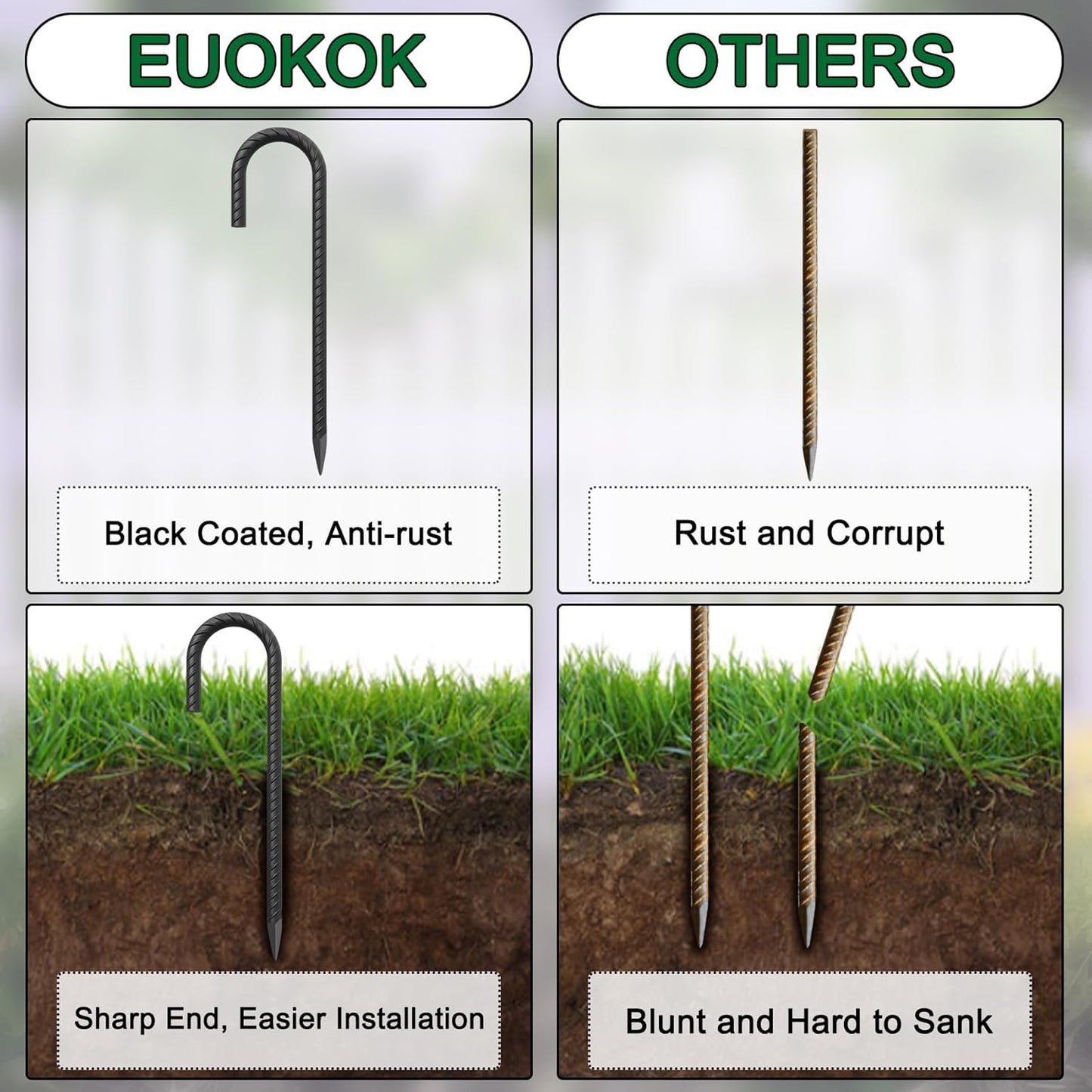 18 Inch Steel J Hook Rebar Ground Stakes 16 Pack 1/2 Inch Diameter Fence Stakes for Wire Fencing with Chisel Point End Metal Tent Stakes Heavy Duty for Outdoor Camping, Black