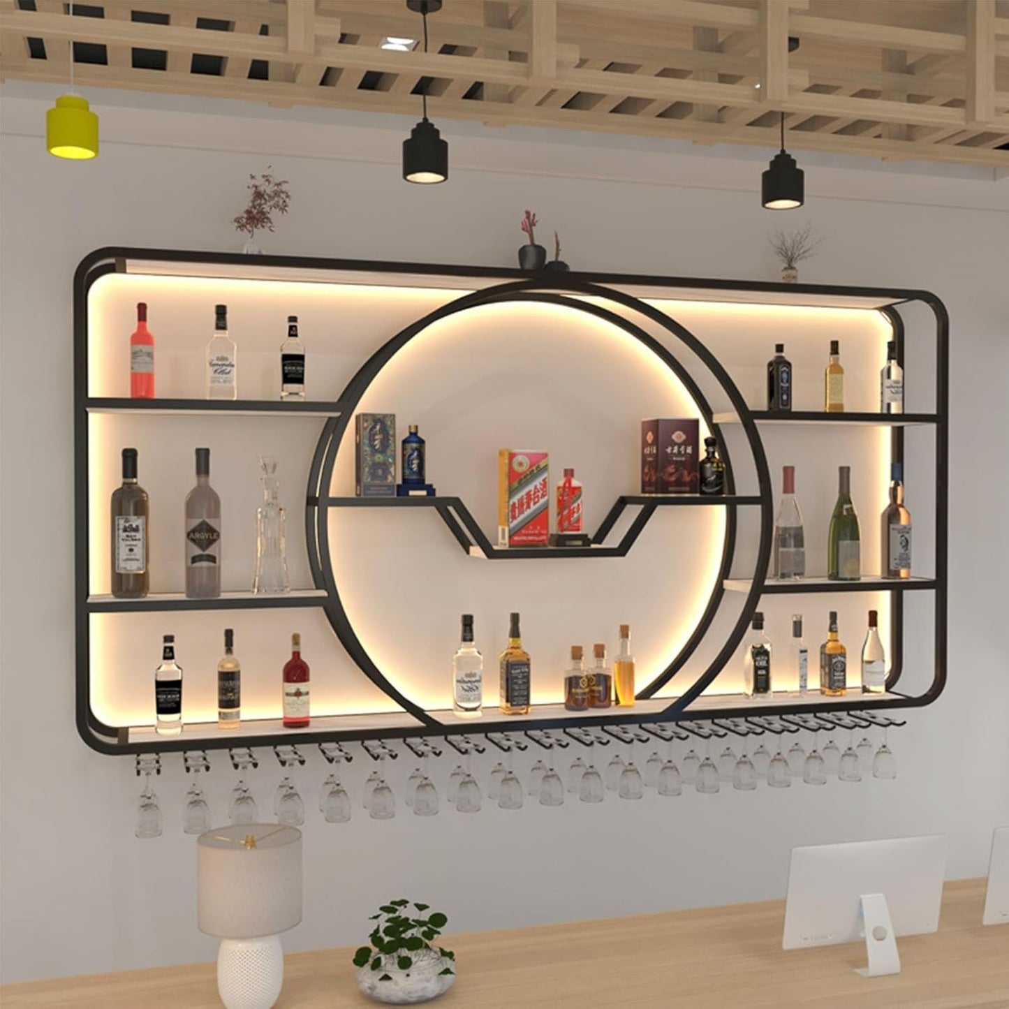 3-Tiers Metal Wine Rack Wall Mounted Modern With LED Light With Wine Glass Holder Large Liquor Bar Display Shelf,Bar Bottle Display Shelf Wine Cups Hanging Holder For Kitchen Living Room Home Decor(Bl