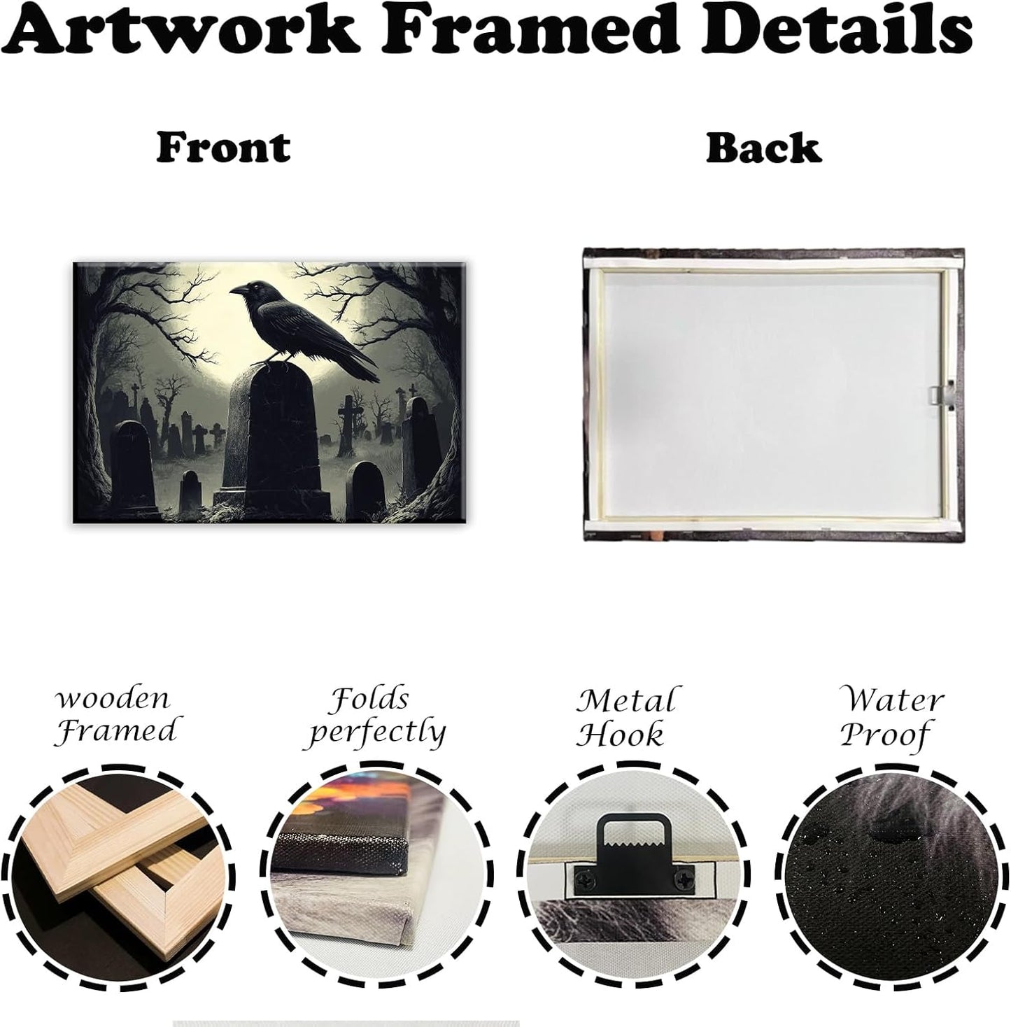 Crow Canvas Wall Art Gothic Black Bird On Branch Painting Print Spooky Forest Full Moon Scenery Poster Artwork Framed Halloween Home Decor(Artwork-3,24"x36")