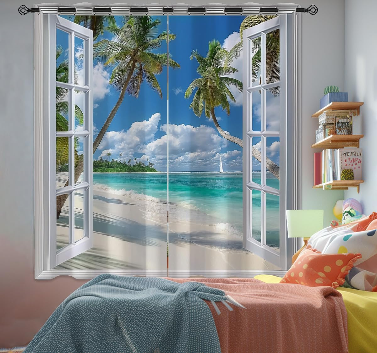 Beach Blackout Curtains for Girls Boys Teens Home Decor, Tropical Summer Scene Ocean Island Palm Tree Grommet Thermal Insulated Drapes Darkening Window Curtain for Bedroom Living Room, 42 x 63 Inch