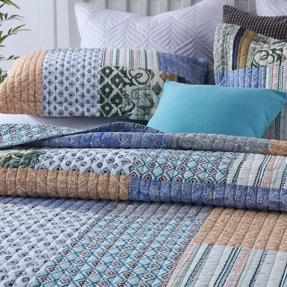 Autumn Dream Cotton Bedspread Quilt Sets Reversible Bedding Coverlet Sets Comforter, Bohemian Paisley Patchwork Blue Bedspread, King Size