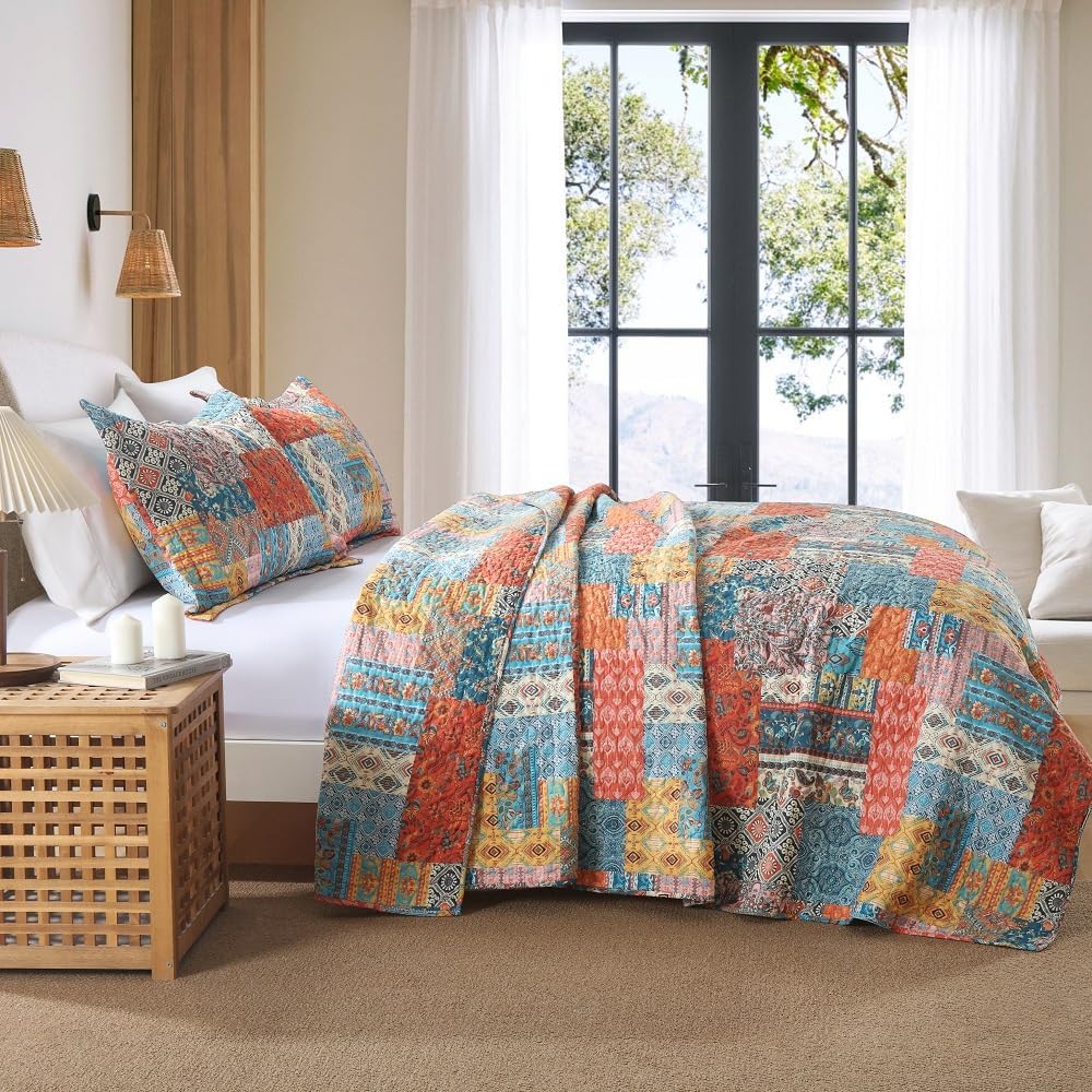 Cotton Bedspread Quilt Sets Reversible Coverlet Sets Comforters Vintage Bohemian Patchwork Bedspread,Orange,King Size