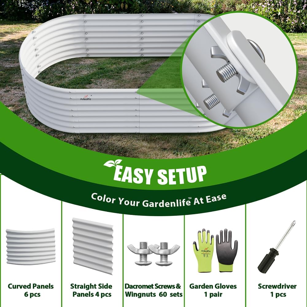 A ANLEOLIFE 6X3X2 ft Galvanized Raised Garden Beds Outdoor-6 Pack, Oval Large Metal Deep Root Planter Box for Planting Vegetables Flowers Herb, Anti-Rust & Easy-Setup, Antique White