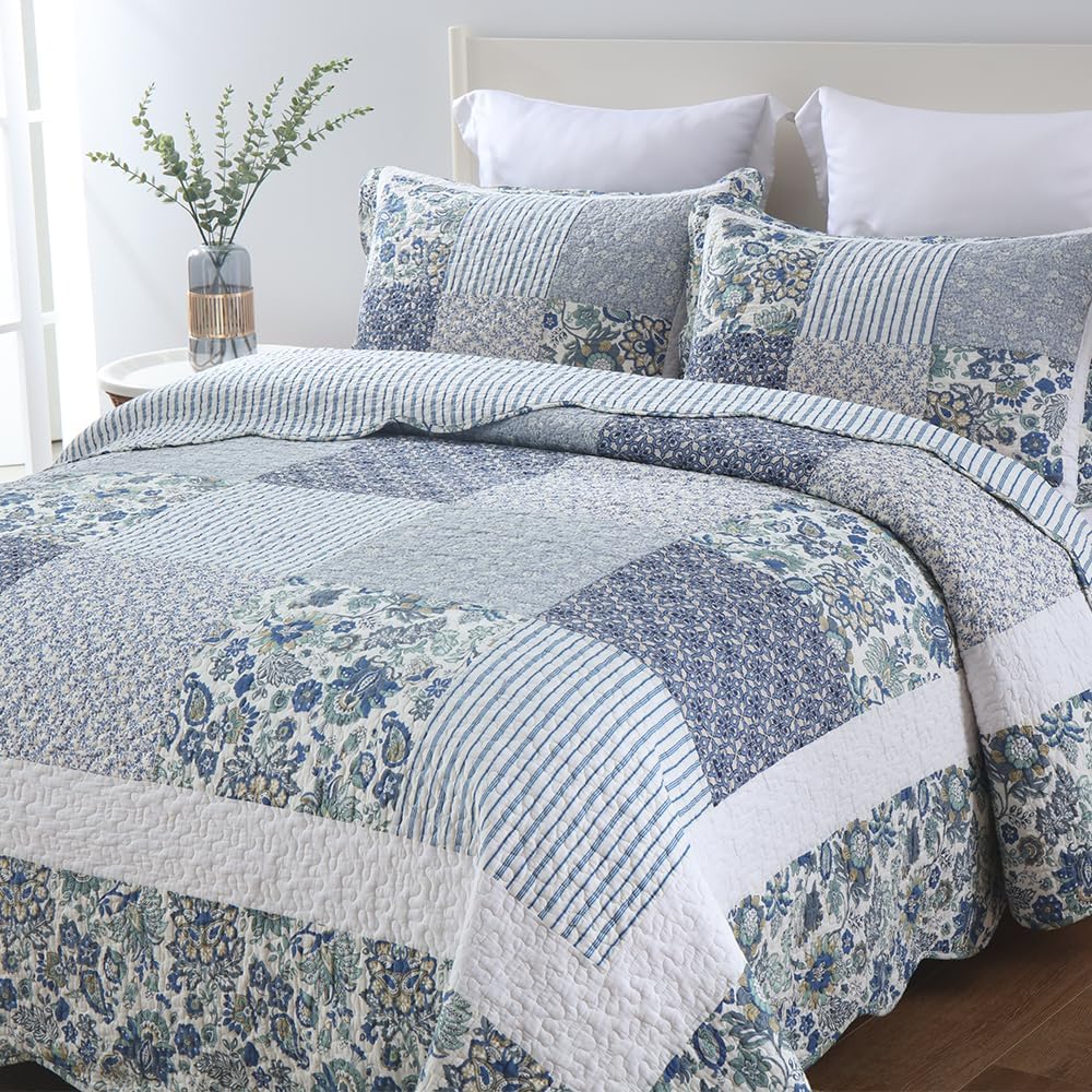 Cotton Bedspread Quilt Bedding Sets 3 Pieces Reversible Coverlet Sets Comforters Vintage Floral Patchwork Blue Bedspread (Blue Vintage Floral, Queen Size)