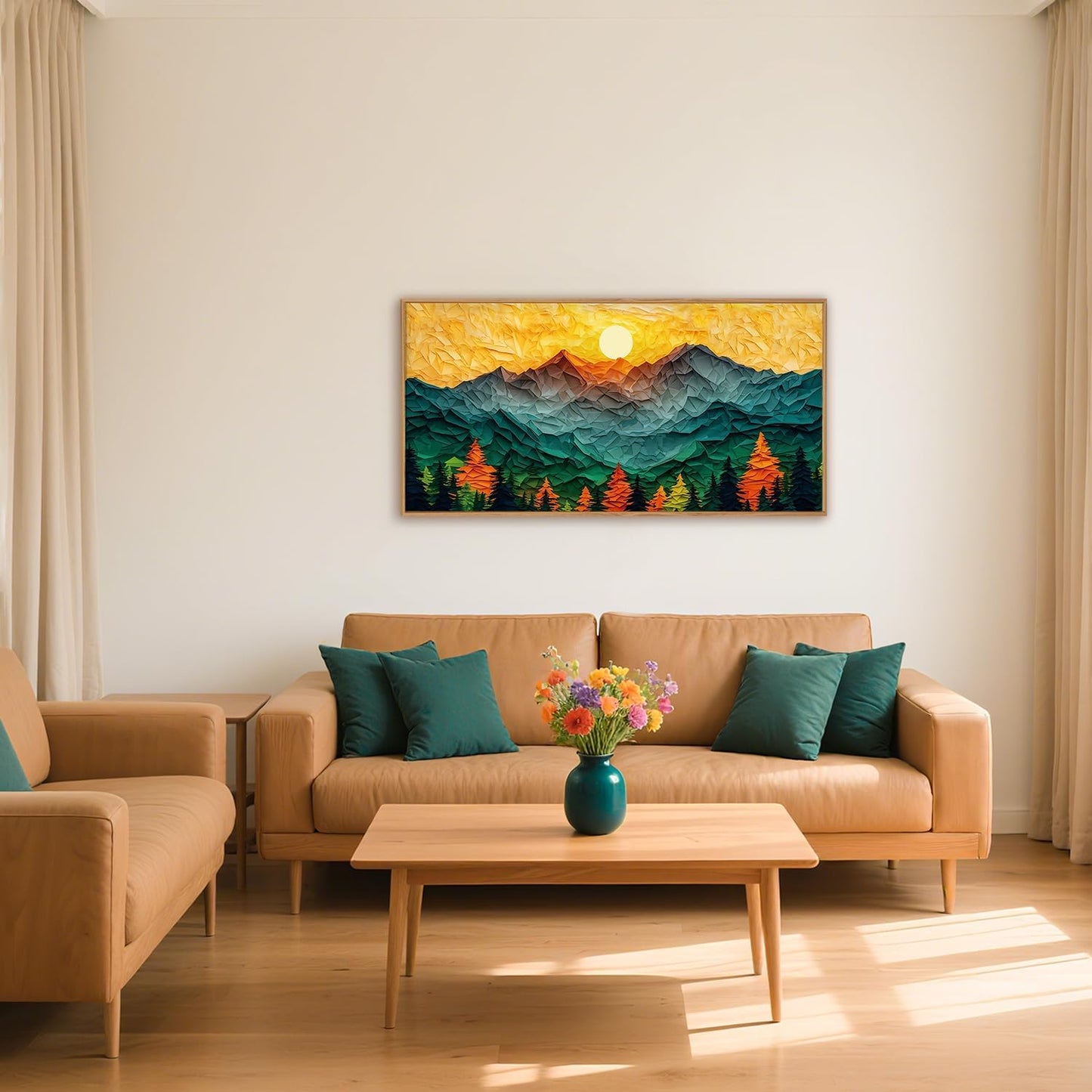 Abstract Sun Mountain Framed Canvas Wall Art Set, Forest Pine Tree Golden Sunset Wall Decor, Mixed Patchwork Landscape Art Print for Living Room, Bedroom, Dining Room, Office - 20"x40"