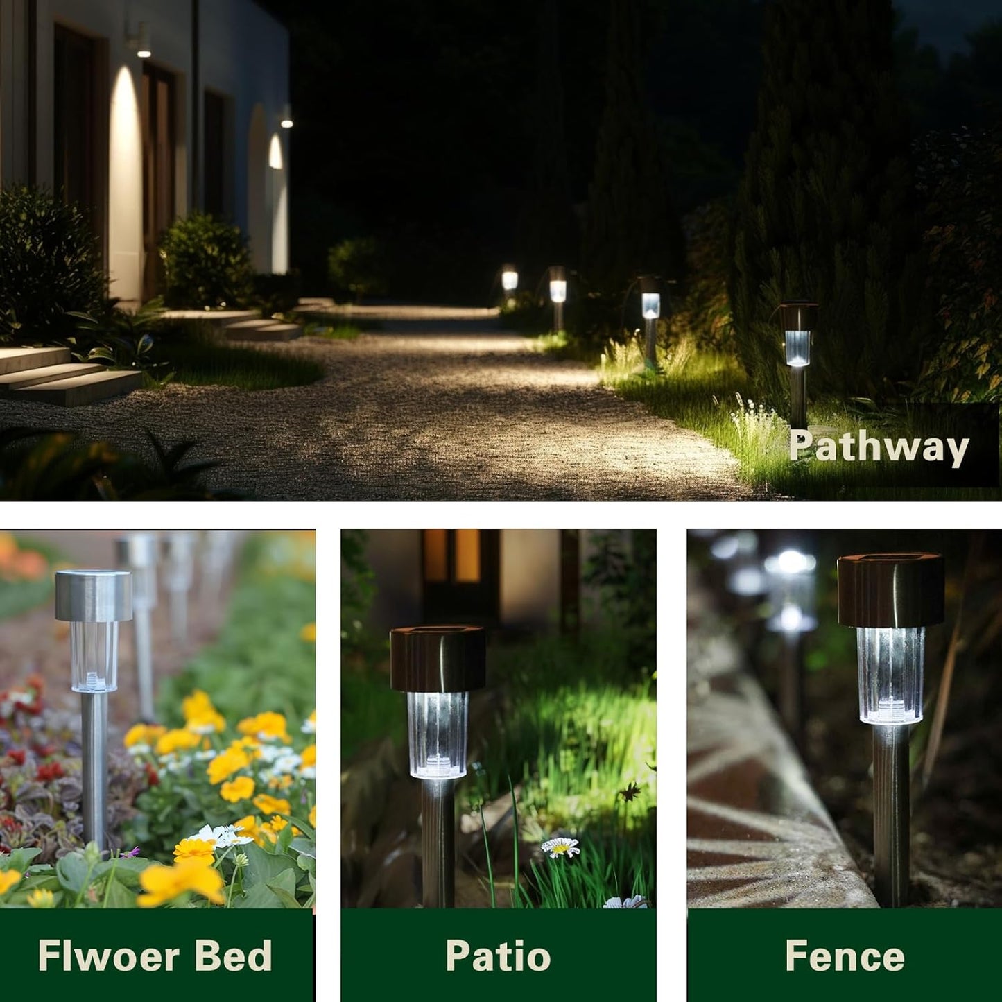 EcoGreen Outdoor Pathway Solar Light, 8pcs Pack,Garden Patio Balcony Walk Way Lights, Stainless Steel Leg, 5000K Daylight, IP65 Waterproof, 1.85 * 12.2in