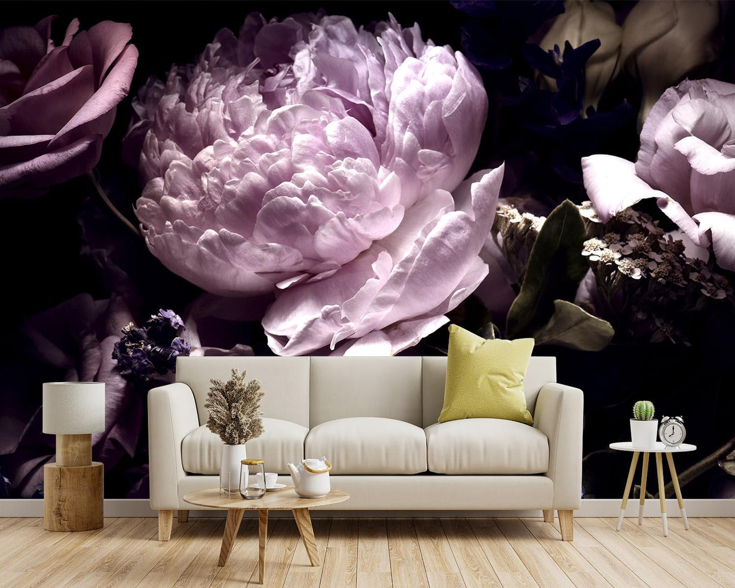 -Black Peony Purple Floral Botanical Fabric Wallpaper Living Room Bedroom Bathroom Dark Flowers Large Wall Mural- 183"x120"（ not Peel and Stick）