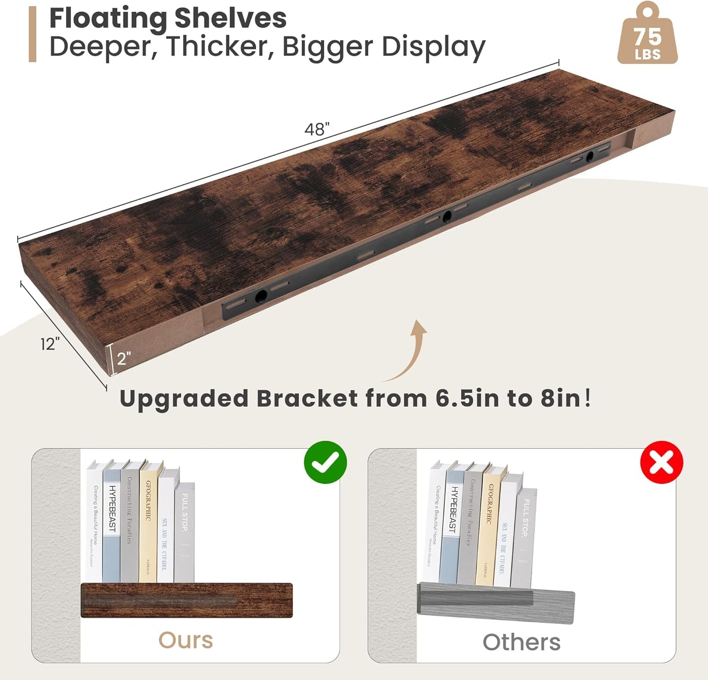 Heimlove 12 Inch Deep Floating Shelves, 48 x 12 inches Long Wall Shelf, Large Display Shelf & Storage Shelf, Rustic Wood Wall Shelves for Fireplace Mantel, Set of 2(Rustic Brown)