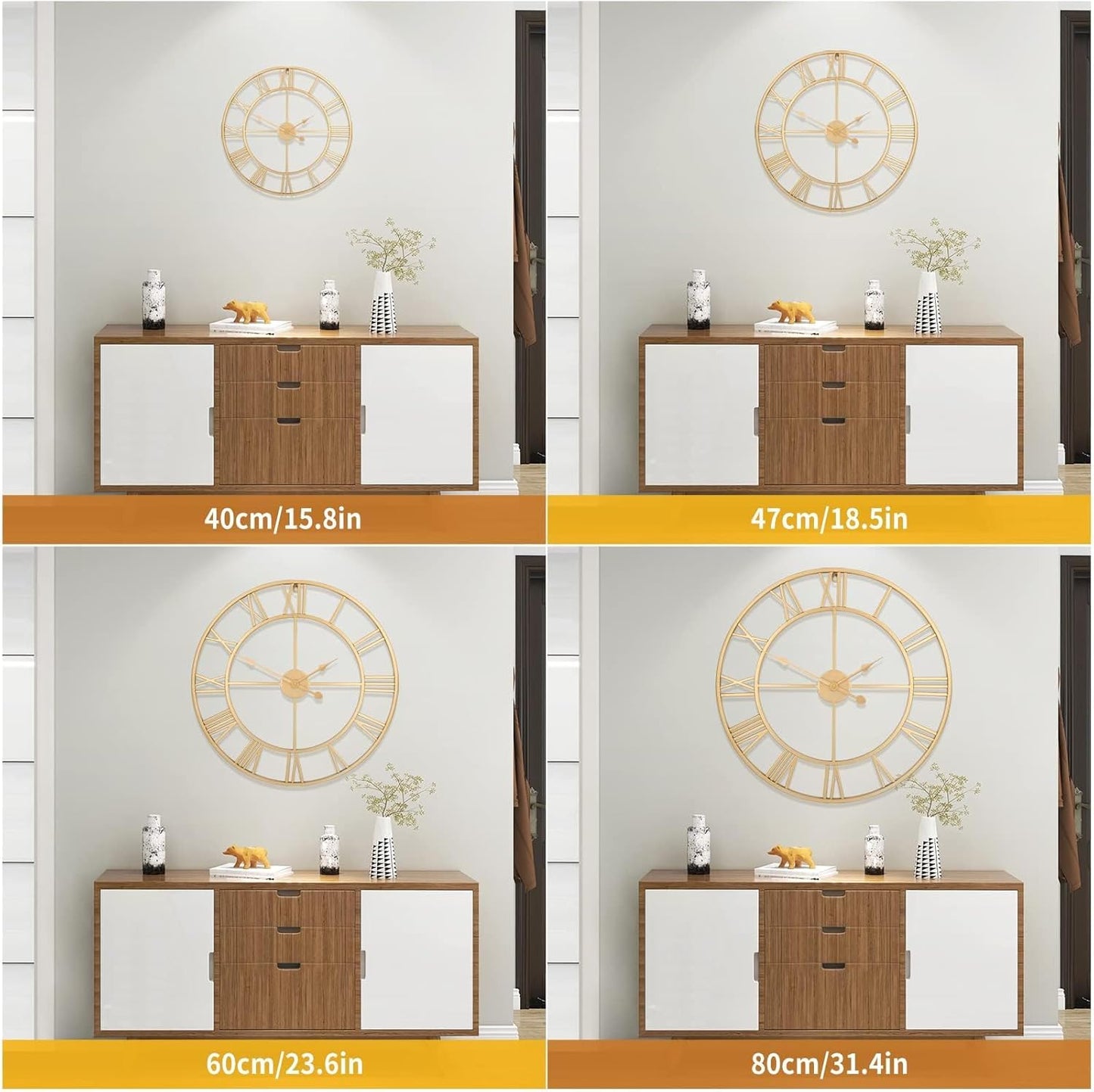 1st owned Large Wall Clock Silent Non-Ticking Roman Numerals Vintage Battery Operated (24 inch,18inch,16inch) Farmhouse Wall Clock for Living Room, Bedroom, Kitchen, Cafe Decor-Gold 47CM