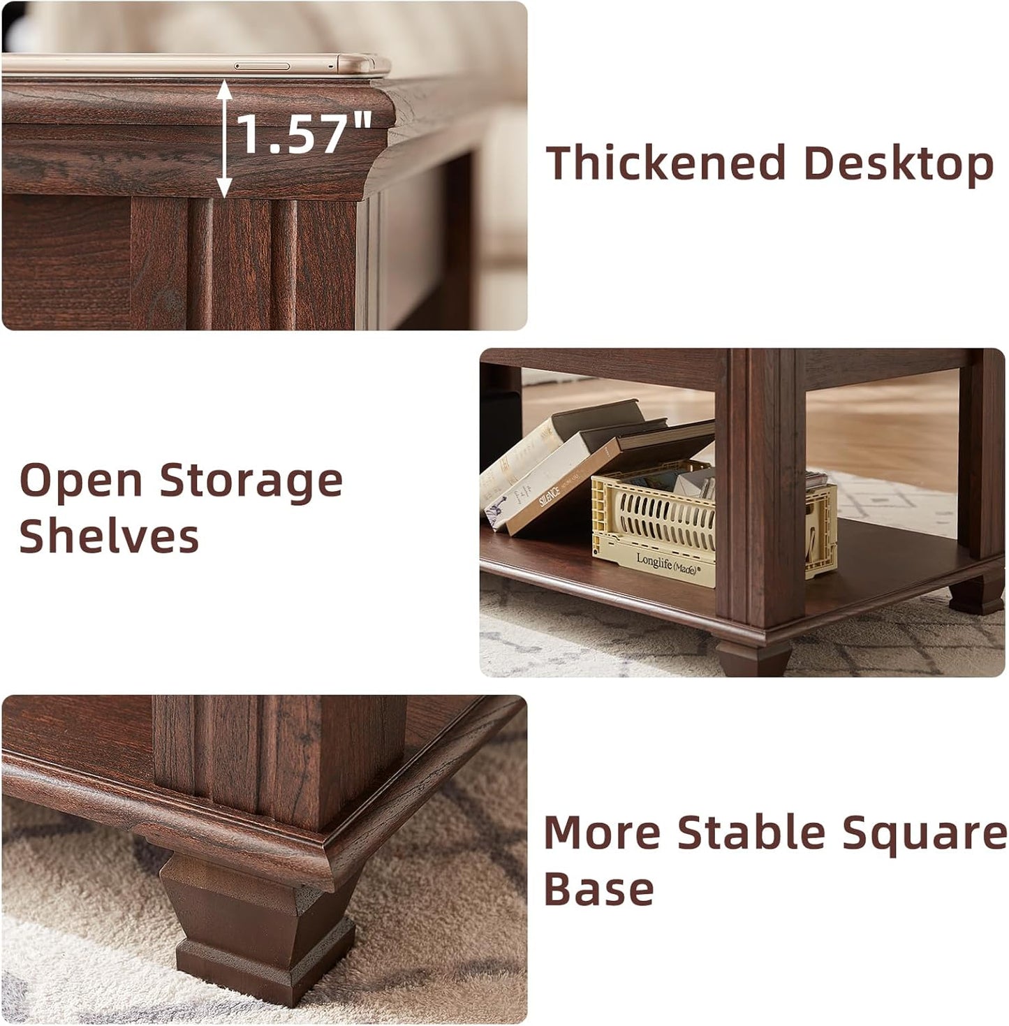 Farmhouse Coffee Tables for Living Room,Square Living Room Tables with Open Storage Shelf,Large Modern Coffee Table,Rustic Brown Center Table,Walnut