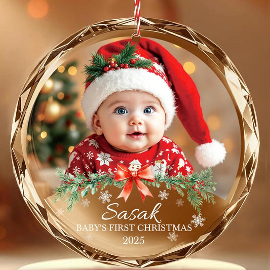 Bemaystar Personalized Babys First Christmas Ornament 2025 Girl Boy - 1st Christmas Ornament 2025 with Photo Text, Personalized Christmas Ornaments for Baby, Xmas Gifts, Newborn Gifts for New Mom Dad