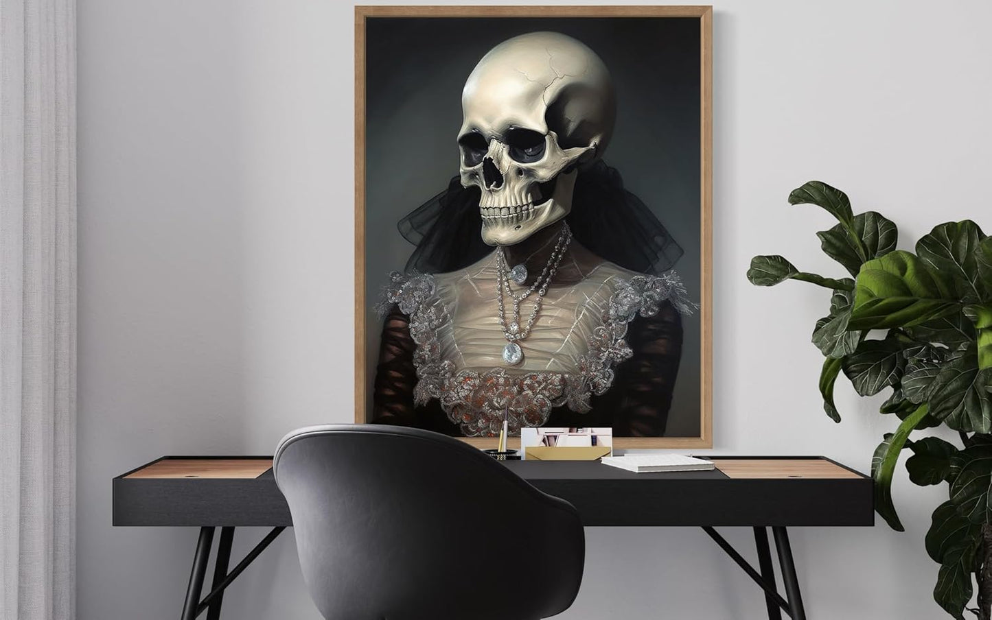 Female Skull Poster Art Print, Halloween Scary Vintage Wall Art Academia Spooky Painting Decoration for Horror Prints, Gothic Posters Bedroom Decor 89 (Female Skull, 8 x 10 inches, Wood Frame)