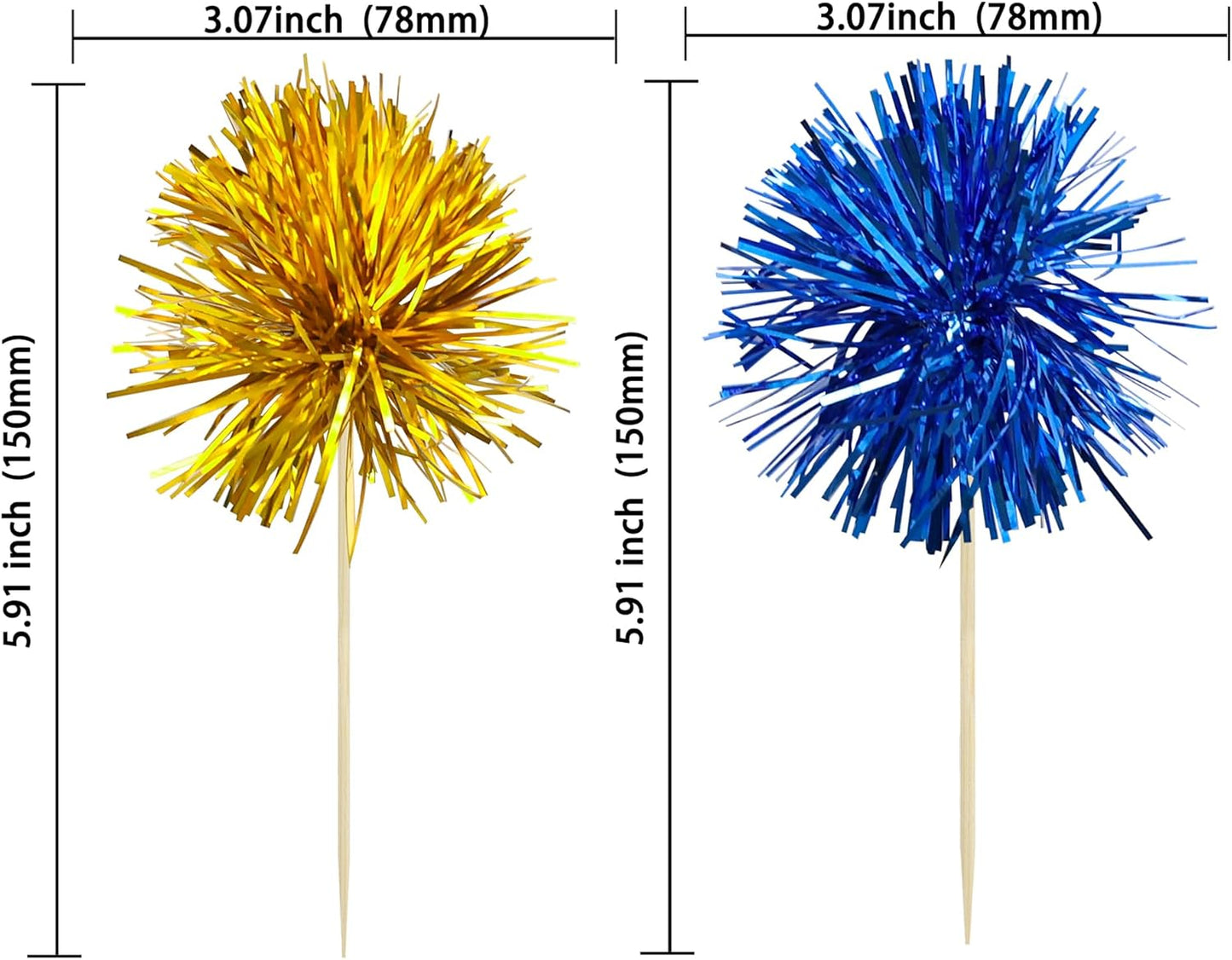 Ephlyn 30Pcs Foil Firework Cupcake Toppers Sparkles Fireworks Sticks Birthday Decorations Sparkle Tinsel Cocktail Fruit Toothpick for Birthday Wedding Graduation Party Cake Decorations Dark Blue Gold