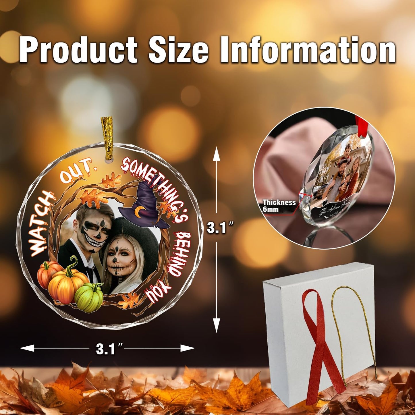 Custom Crystal Ornament, Personalized Halloween Couples/Family Photo Ornament, Halloween Spooky Glass Hanging Decor, Spooky Pendent, Ghost and Pumpkin Hanging Gifts