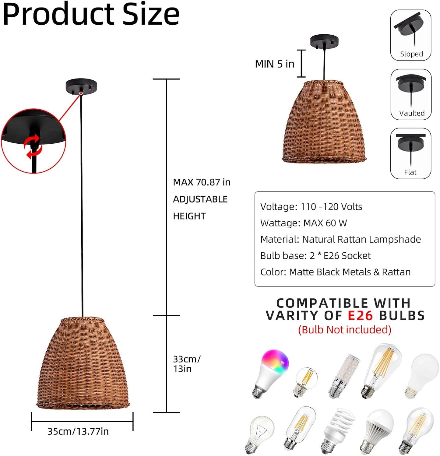 2-Light Dark Curry Rattan Pendant Light,13.77" Rustic Hanging Light,Brown Wicker Pendant Light Hand-Woven Rattan Chandelier for Public Place Dining Living Bedroom Kitchen Farmhouse