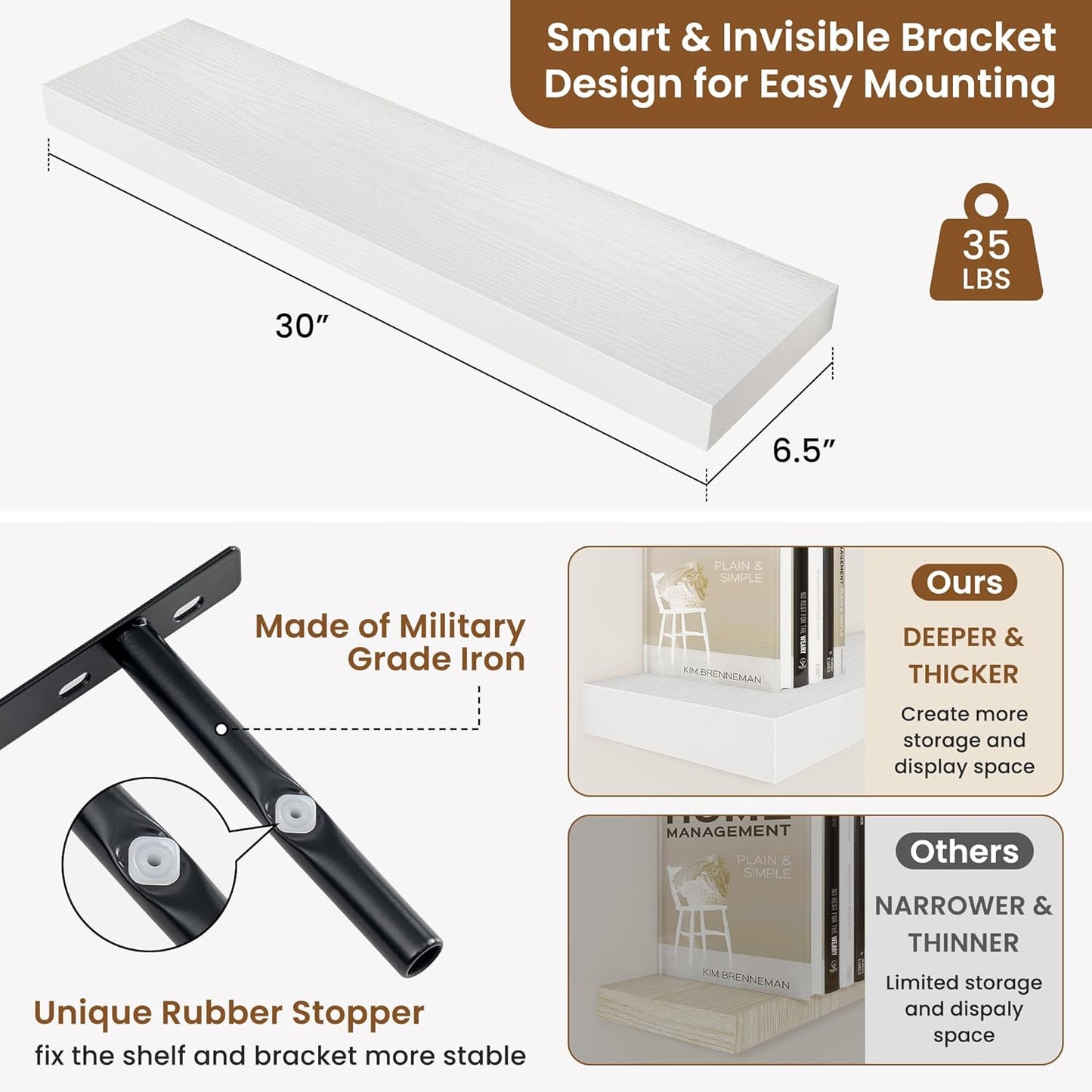 fuqing Floating Shelves for Wall, Bathroom Shelf Wall Mounted for Storage, Shelves with Invisible Bracket for Bedroom, Kitchen, Living Room, Farmhouse Small Book Shelf, 30 Inch Set of 2, White