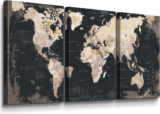 Bedroom Wall Decor Black Wall Art for Living Room Pictures Office Decor for Men World Map for Wall Inspirational Canvas Paintings Framed Artwork