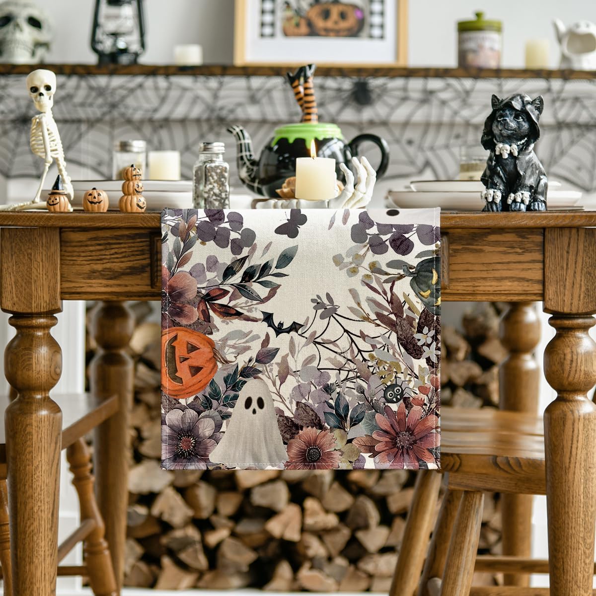 Artoid Mode Jack-O'-Lantern Pumpkin Floral Ghost Halloween Table Runner, Eucalyptus Kitchen Dining Table Decoration for Home Party Decor 13x108 Inch