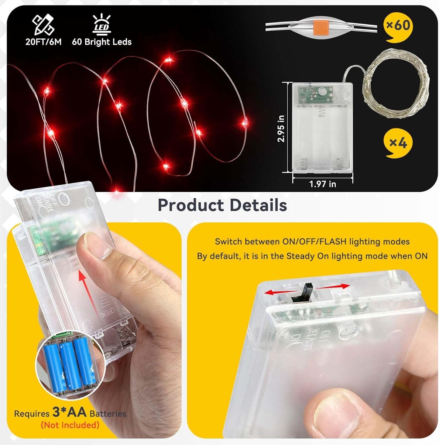 4 Pack 60LED Christmas Fairy Lights Battery Operated - 20FT Twinkle Lights with 2 Lighting Modes Indoor Outdoor, Waterproof Led Fairy String Lights for Bedroom, Wedding, Dorm, DIY Decor, Red