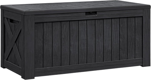 Flamaker Resin Deck Box 120 Gallon Waterproof Large Outdoor Indoor Storage Box Imitation Wood Resin for Patio Furniture Garden Tools and Pool (Black)