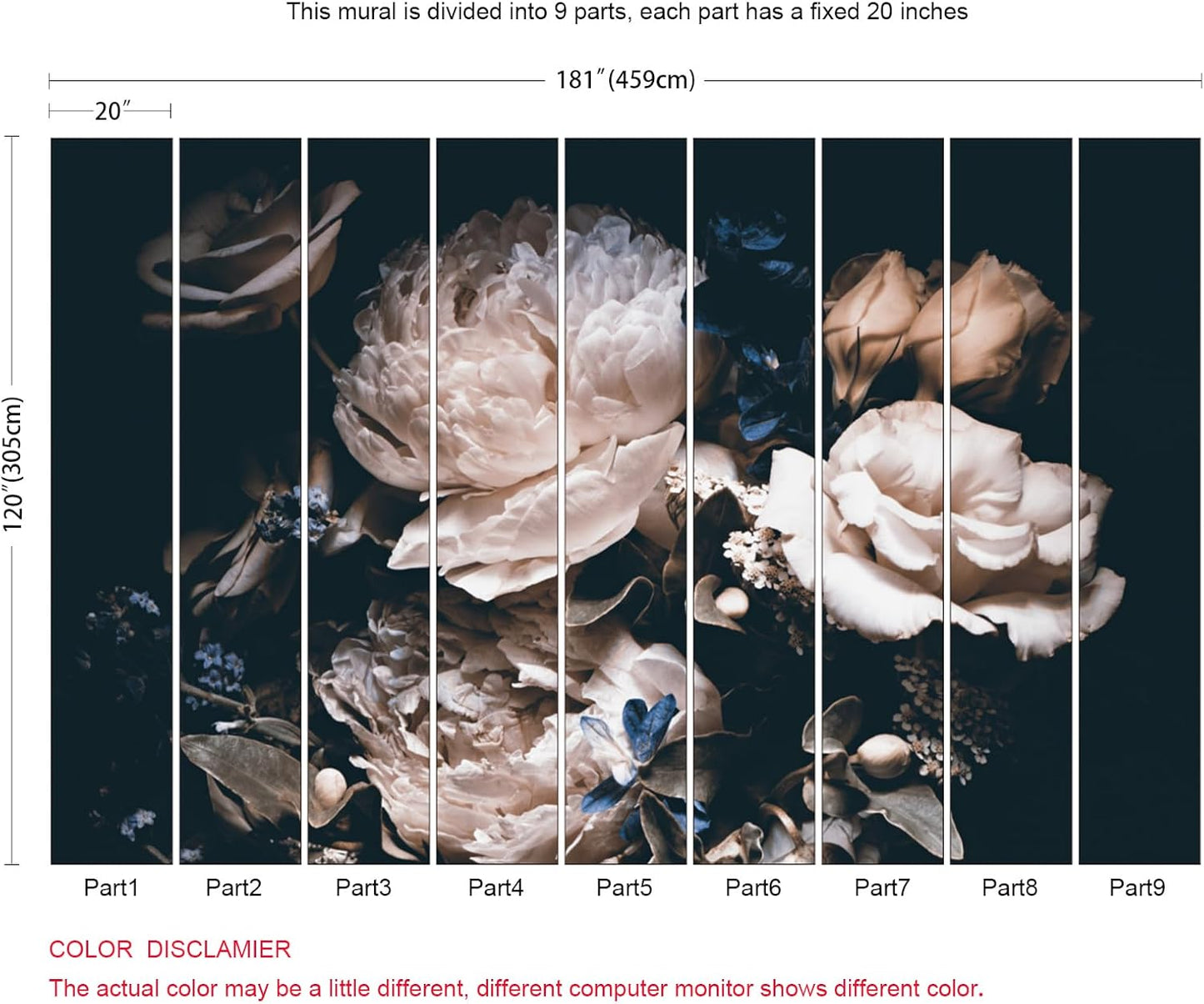 Dark Floral Wallpaper Peony Wall Mural Room Wall Decor(Not Peel n' Stick)