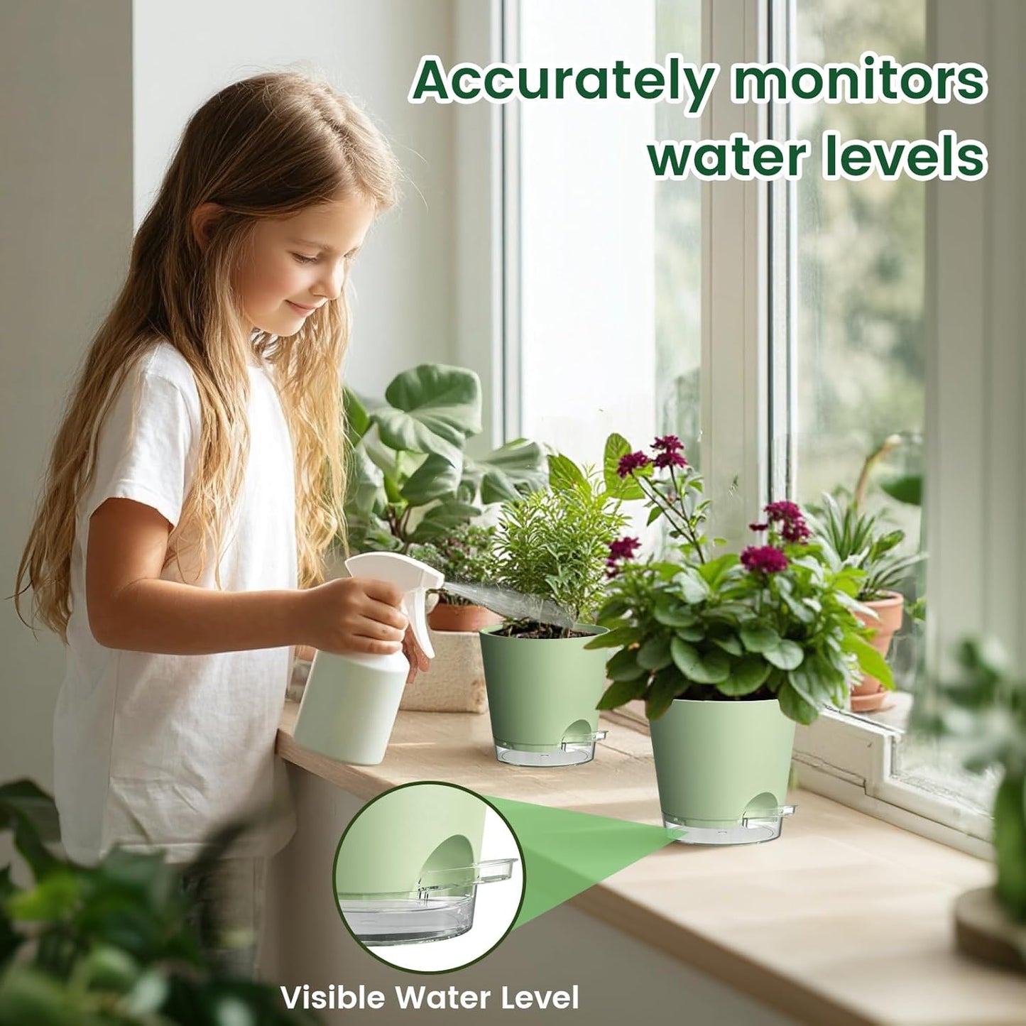 6 inch Self Watering Pots for Indoor Outdoor Plants, 6 Pack Flower Plant Pots with Drainage Holes and Clear Reservoirs, Visible Water Level, Plastic Planters with Wicking Rope, Green