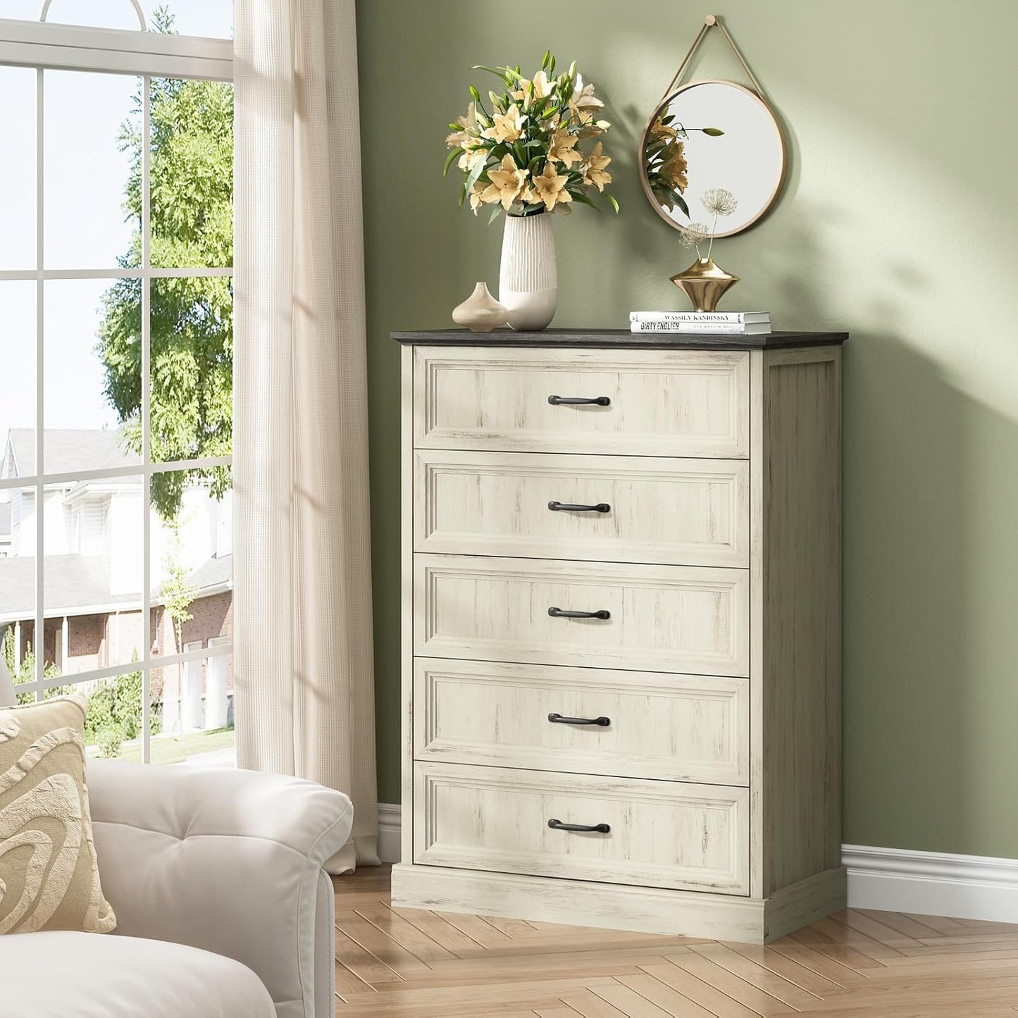 Farmhouse 5 Drawers Dresser for Bedroom, 44" Tall White Dresser Wood Rustic Chest of Drawers with Wide Metal Handle,Natural Texture,Drawer Organizer for Bedroom,Living Room,Hallway and Entryway