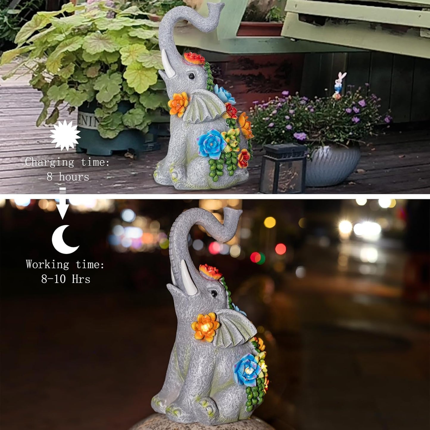 Elephant Garden Statue Solar Lamp with 8 Led Lights Decor Outdoor Resin Waterproof Sculpture Patio Lawn Yard Porch Decorations Housewarming Gifts for Women Mom Grandma