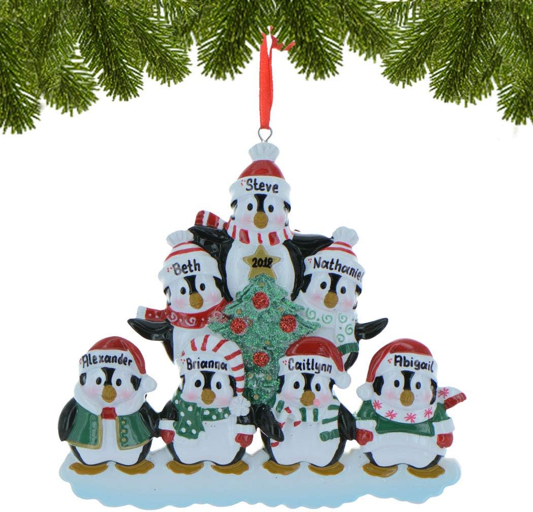 3D Penguin Family of 7 Ornament 2025 Personalized Family Christmas Ornaments 2025 | Snowy Tree Holiday Penguins Personalized Tree Ornaments for Grandchildren Siblings & Grandkids of Seven Ornament