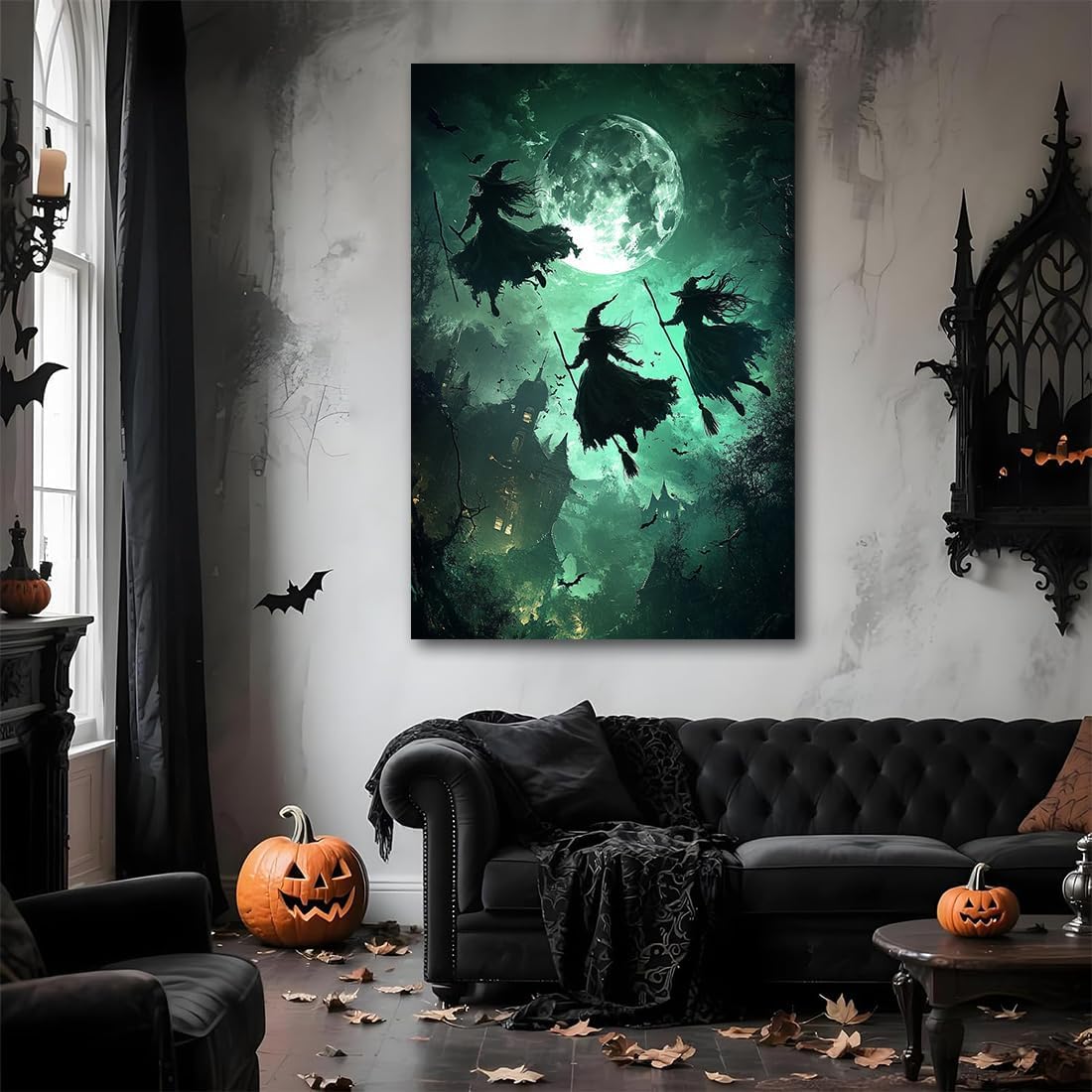 Flying Three Witches Halloween Canvas Wall Painting,Witches on Broom Under Full Moon Castle Victorian Decoration Haunted House Retro Poster for Living Room Bedroom Gallery,24"x36" Framed