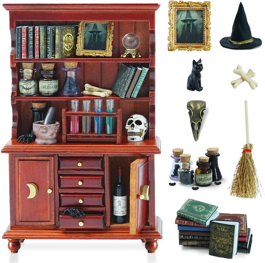 Dollhouse Miniatures 1/12 Scale Accessories, Wooden Bookshelf Furniture Set - Magic Bottle&Potion, Witch Frame and Hat, Mini Bookcase, Haunted Dollhouse Halloween Decorations for Kids Gifts