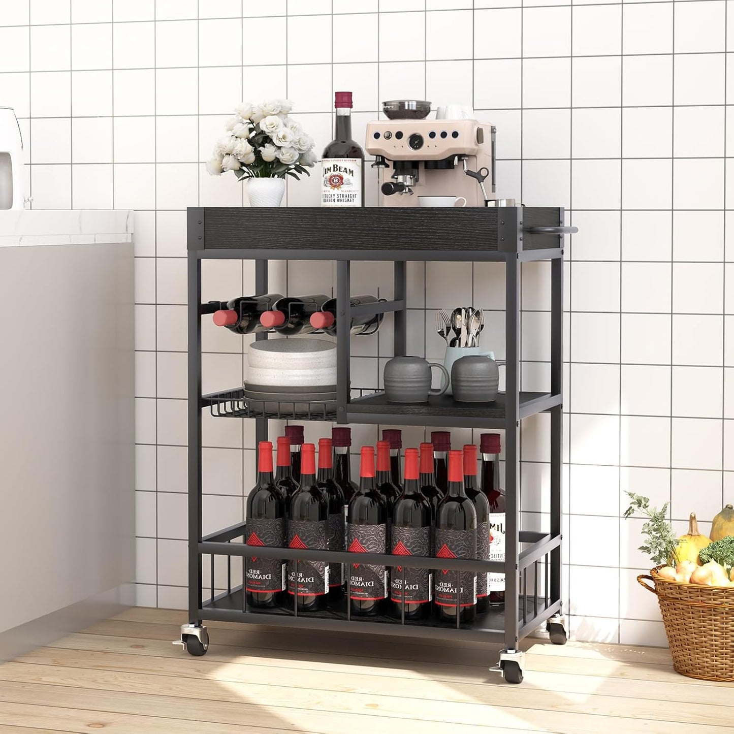 Bar Cart with Basket 3 Tiers Home Rolling Wine Rack with Wheels Mobile Kitchen Industrial Vintage Style Wood Metal Serving Trolley Serving Cart,Black Frame Home Kitchen Shelf for Party