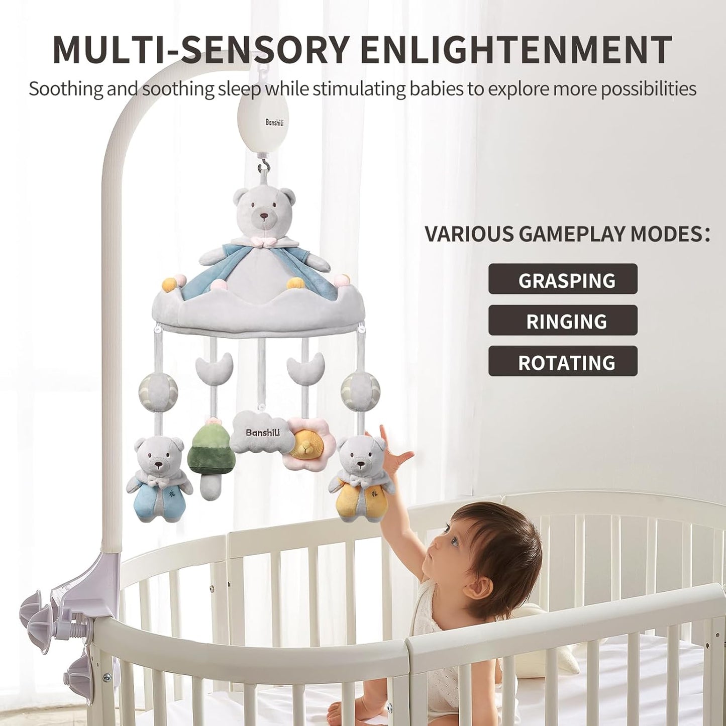 Baby Crib Mobile with Bluetooth,Lullaby and White Noise,Soft Bear Animals Plush Hanging Toys for Newborn Boys & Girls