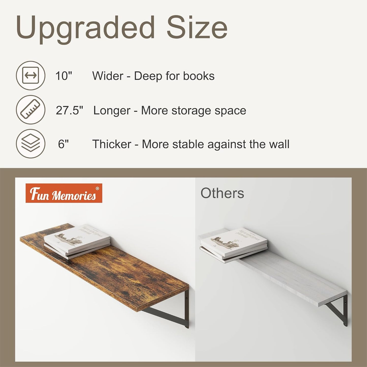 Fun Memories 27.5" W x10 D Floating Shelves, Large Wall Shelves 27.5 Inch Long, Set of 2, Farmhouse Wood Floating Shelf Wall Mounted, Deep Shelves for Bathroom, Living Room, Kitchen, Rustic Brown