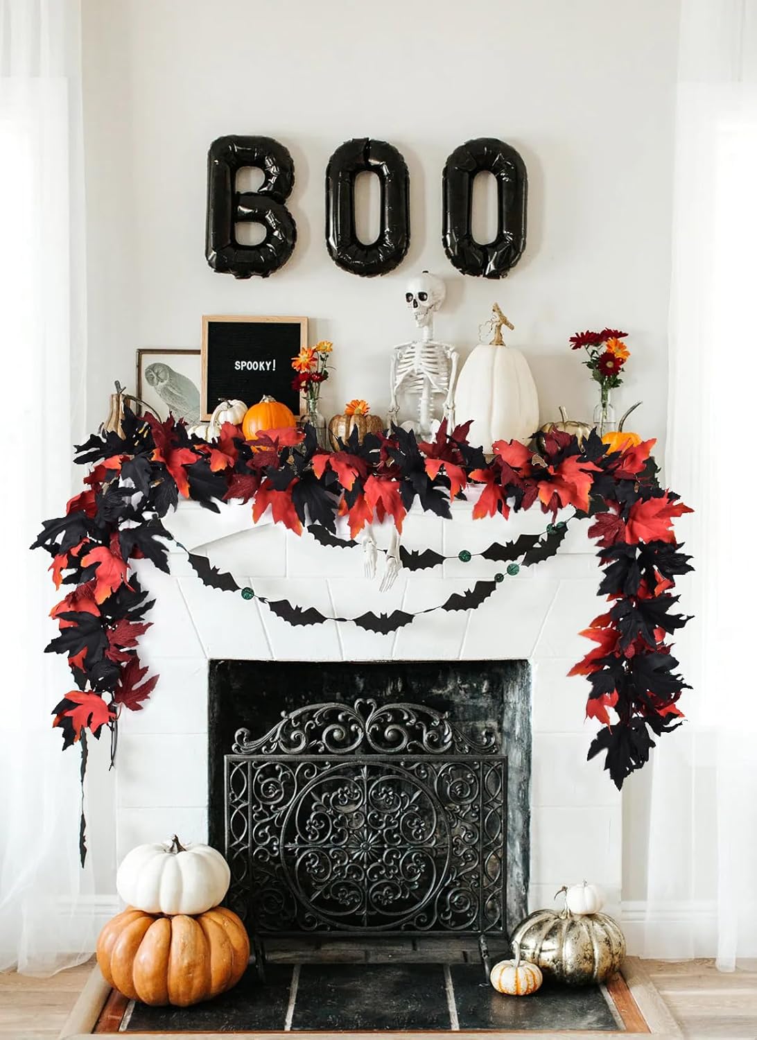 DearHouse 2 Pack Fall Maple Leaf Clearance, 5.9Ft/Piece Halloween Maple Foliage Garland Black and Red Autumn Decor for Home Fireplace Party