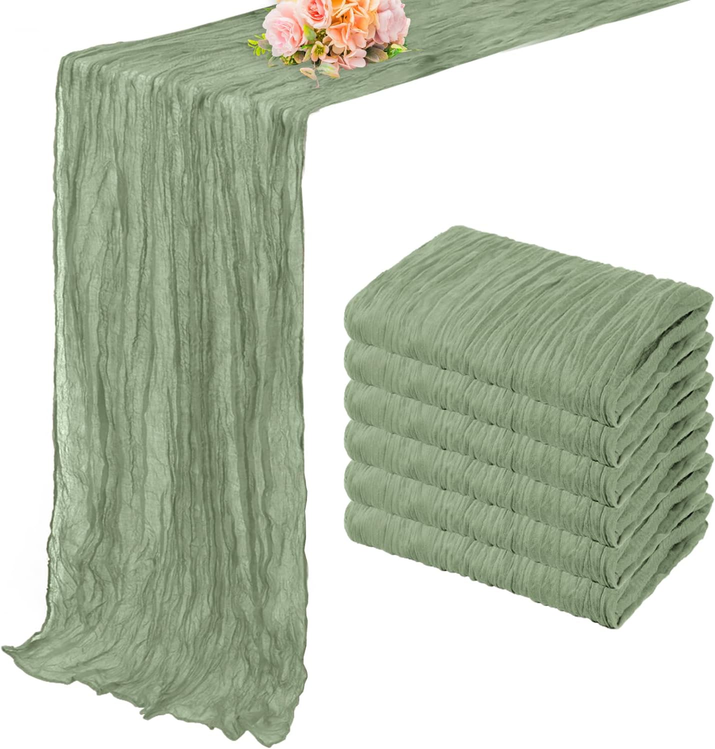 6 Pack Sage Green Cheesecloth Table Runner 10FT Rustic Gauze Fabric Cheese Cloth Table Runner for Wedding Bridal Baby Shower Table Decor 20 x 120 Inch Long Boho Sheer Birthday Party Table Decorations
