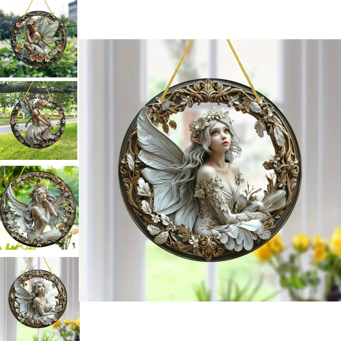 Flower Fairy Garden Decorations Angel Wing Christmas Halloween Deco Statue Art Elf Sculpture Hanging Craft for Outdoor Yard Courtyard Lawn Patio Window Acrylic Ornament Home Gift (D,L: 8*8 IN)