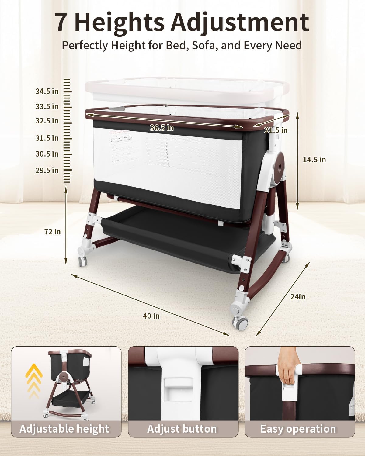 4 in 1 Baby Bassinet, Bassinets Bedside Sleeper with Wheels and Storage Basket, Adjustable 7 Heights Bedside Sleeper with Mosquito Net, Breathable Mesh Rocking Bassinet for Baby