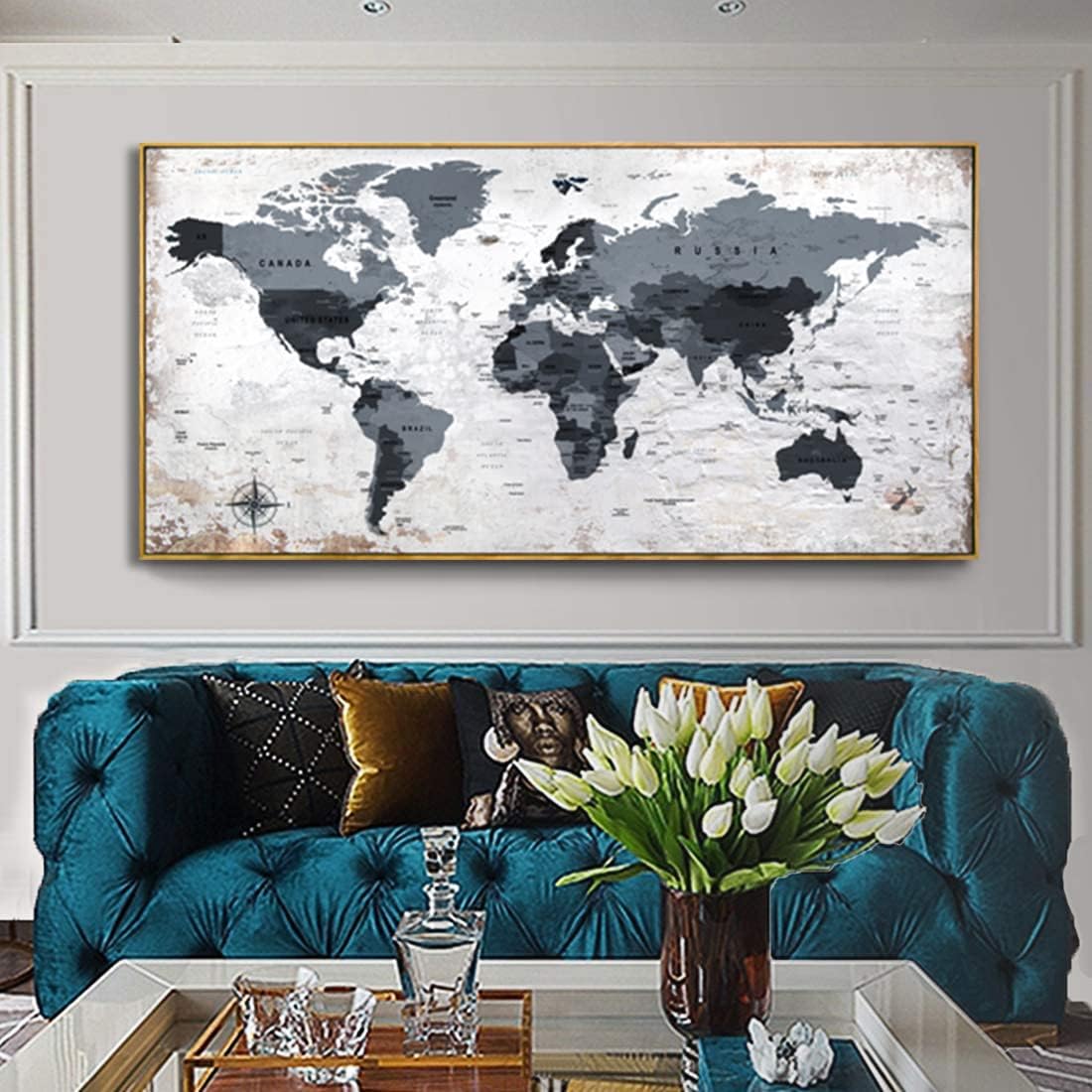 Framed wall art World Map Wall Art Canvas Picture 24inchx48inch Large Black and white Map of The World Canvas Painting Artwork Prints for Office Wall Decor Home Living Room Decorations Framed Ready to