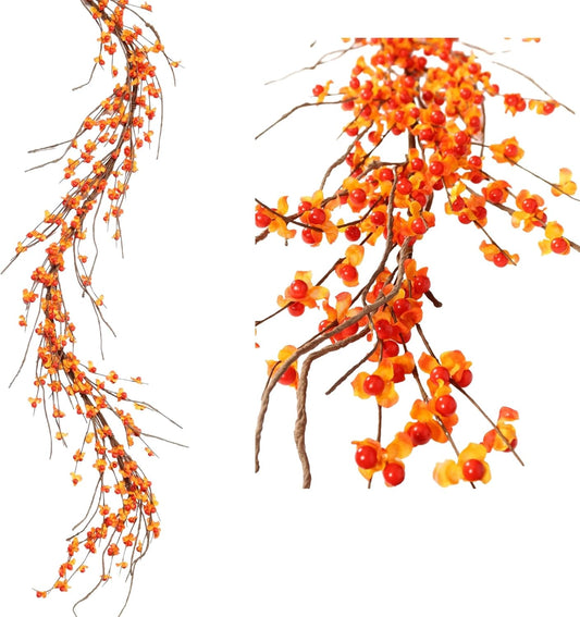 Artificial Bittersweet Garland for Fall Décor 60-Inch, Autumn Berries and Leaves for Thanksgiving, Halloween, and Wedding Decorations – Perfect for Mantels, Staircases, and Centerpieces