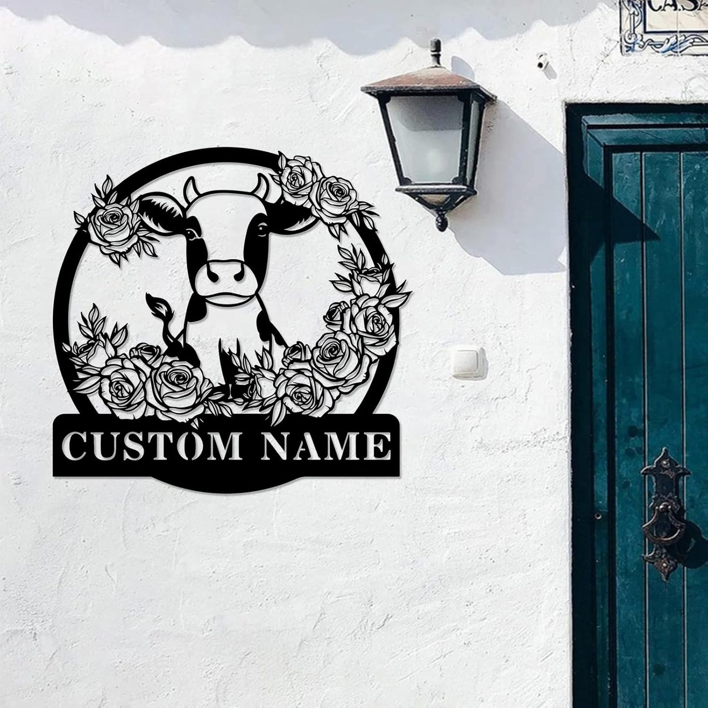 Custom Cow Metal Sign, Personalized Family Name Wall Art, Farm Customized Decor Gifts for Housewarming, Flower Plaque for Farmhouse Bedroom Outside Garden Yard Ranch