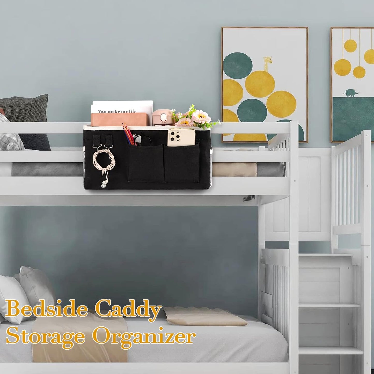 Bedside Storage Caddy/Bedside Hanging Storage Bag for Headboards Bunk Beds Dorm Rooms Book Phone Magazine Holder (Black)