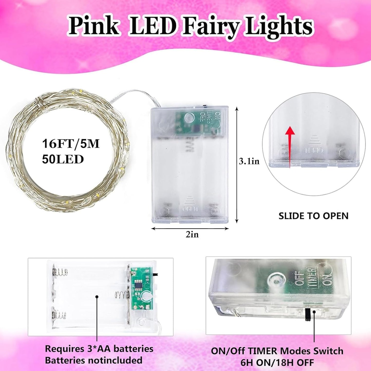 4-Pack 50 LED Pink Fairy Lights Battery Operated with Timer, 16FT Waterproof Starry String Lights Outdoor Indoor, Valentiens Lights for Valentine's Day Bedroom Wedding Birthday Christmas Party Decor